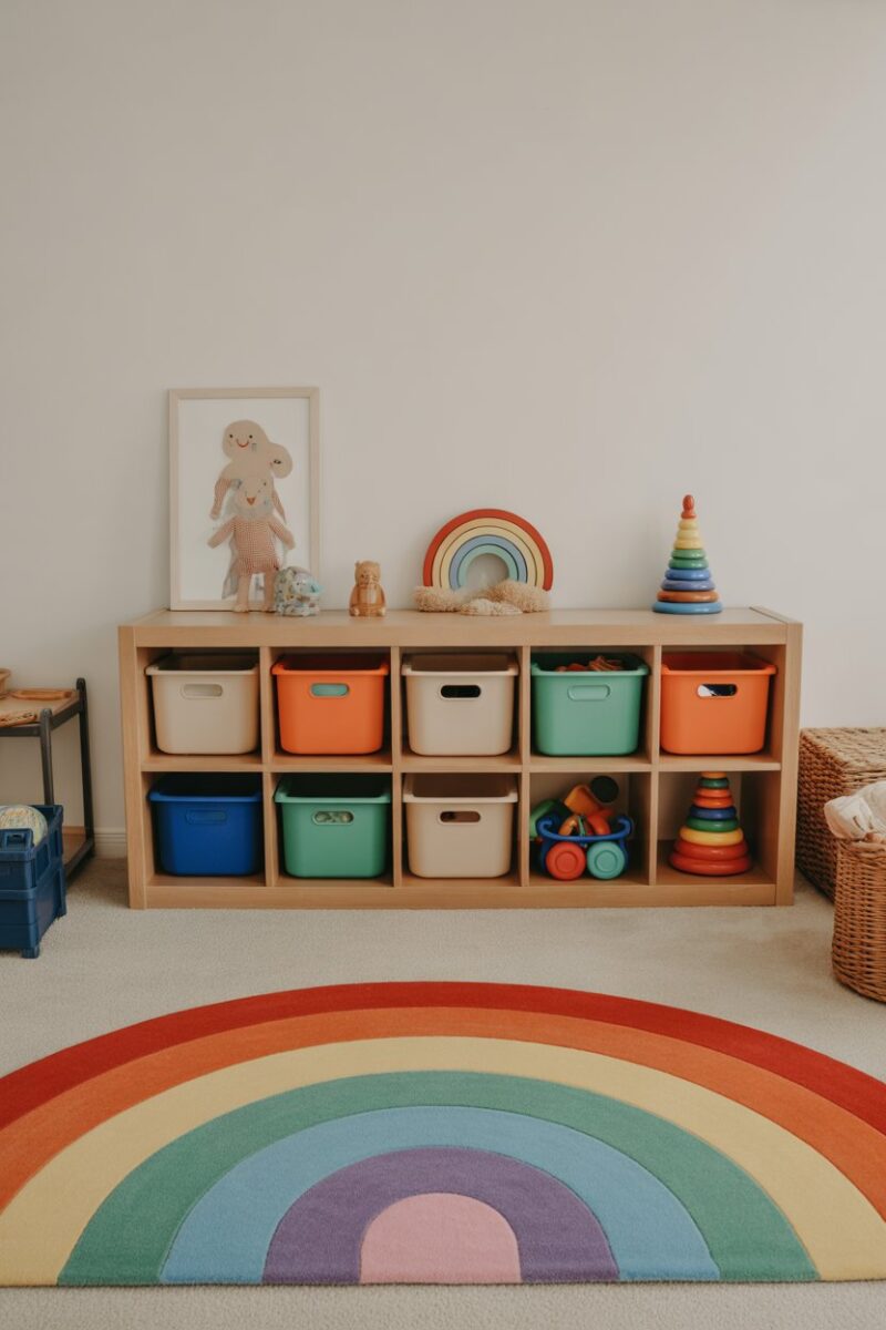 A colorful play area with organized toy bins and a rainbow rug.