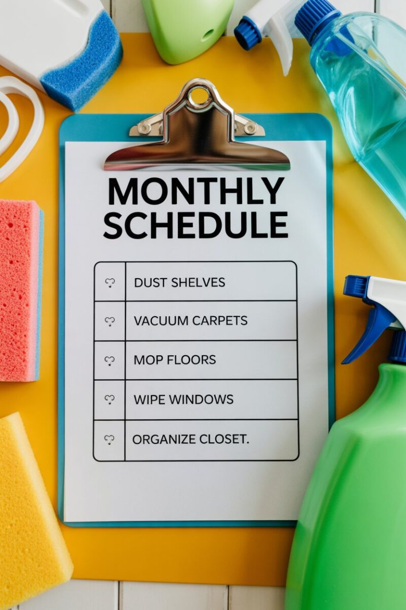 A colorful cleaning schedule with monthly tasks and cleaning supplies.