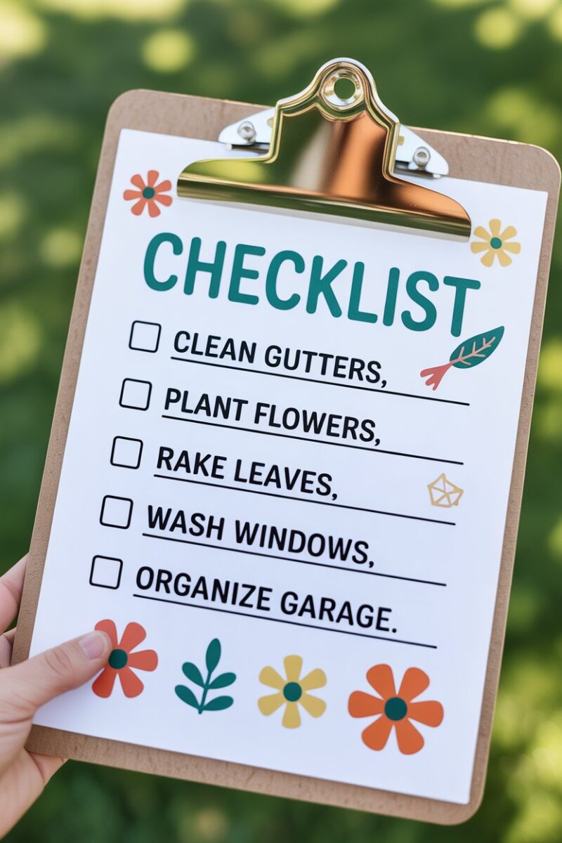 A colorful seasonal cleaning checklist with tasks like cleaning gutters, planting flowers, and raking leaves.