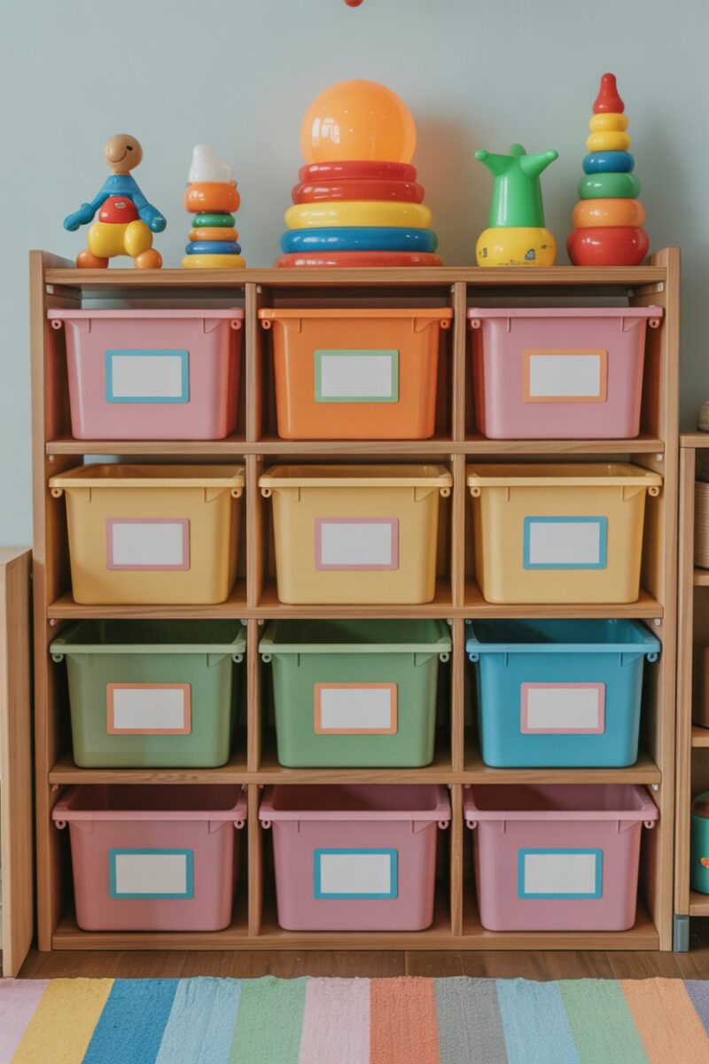 A colorful storage solution for kids' toys with bins and shelves.