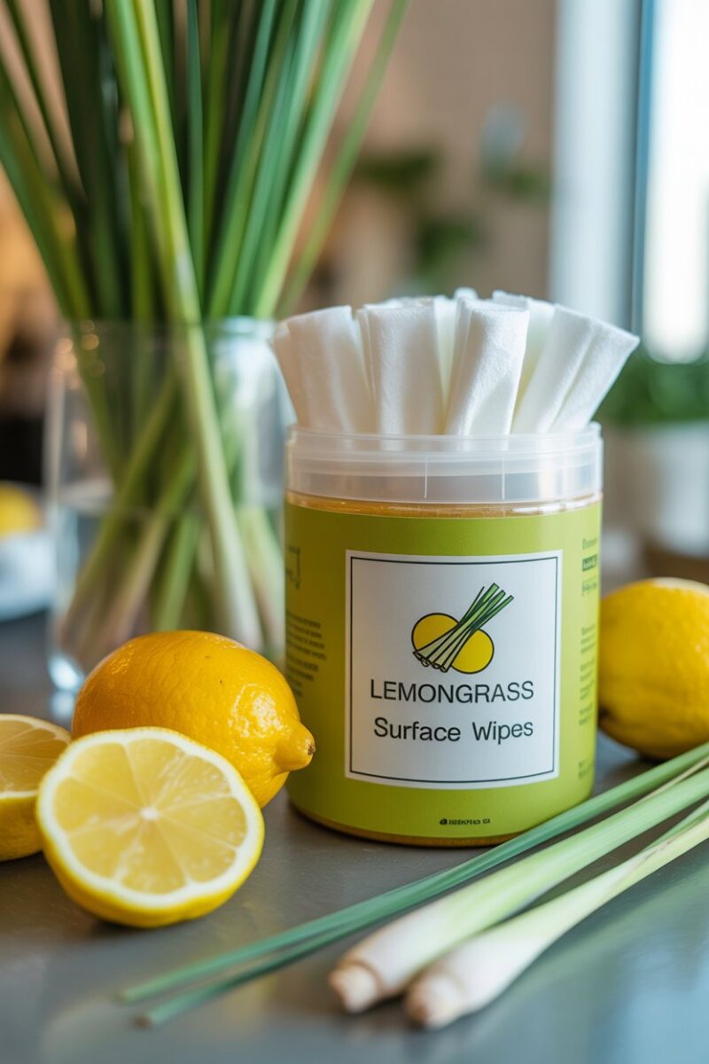 A container of lemongrass surface wipes with fresh lemongrass and lemon slices on a table.