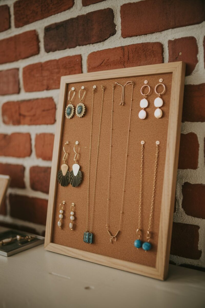A corkboard jewelry display featuring various earrings and necklaces, set against a brick wall.