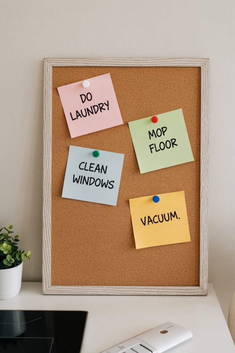 A corkboard with colorful sticky notes listing various cleaning tasks and reminders.