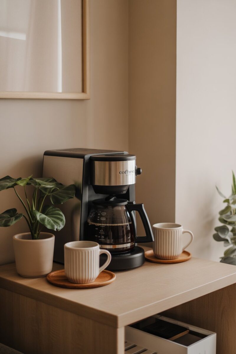 A cozy coffee station with a coffee maker, mugs, and a plant.