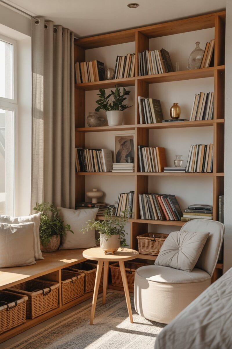 A cozy corner with shelves filled with books and decorative items, featuring a small table and cushions.
