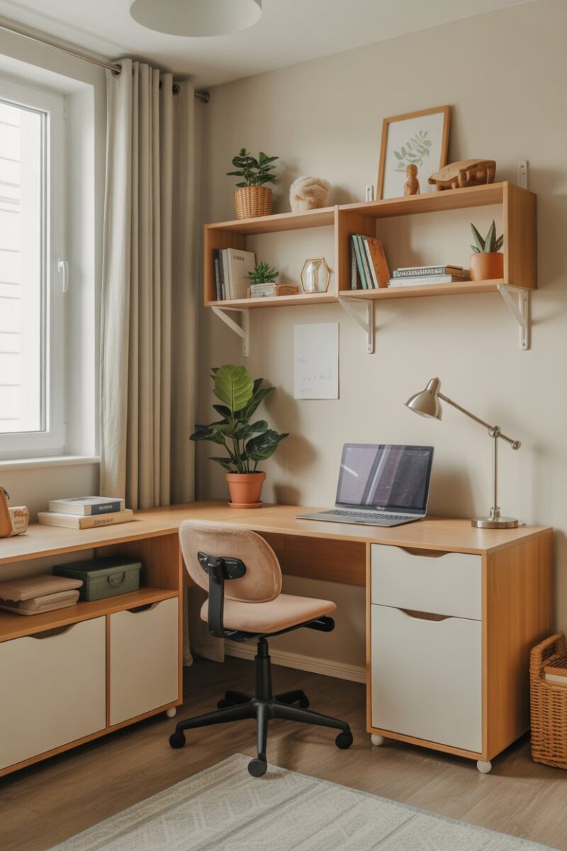 A cozy homework station with a desk, shelves, and a plant, designed for kids.