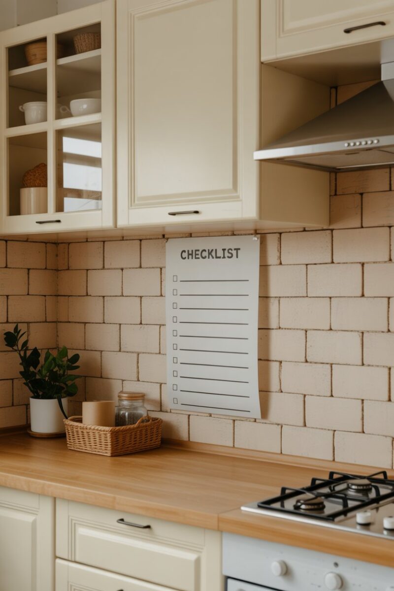 A kitchen with a checklist for organizing cabinets on the wall.