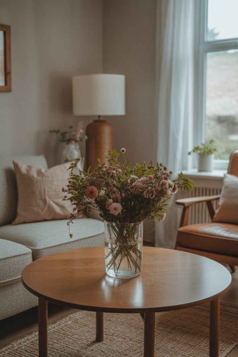 A cozy living room with a vase of flowers on a wooden table, a couch, and a chair.
