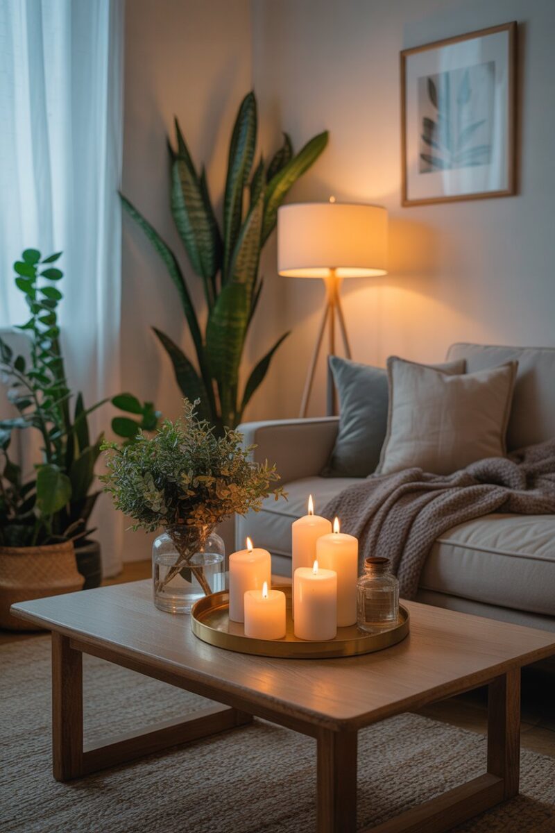 A cozy living room with candles and plants, creating a fresh and inviting atmosphere.