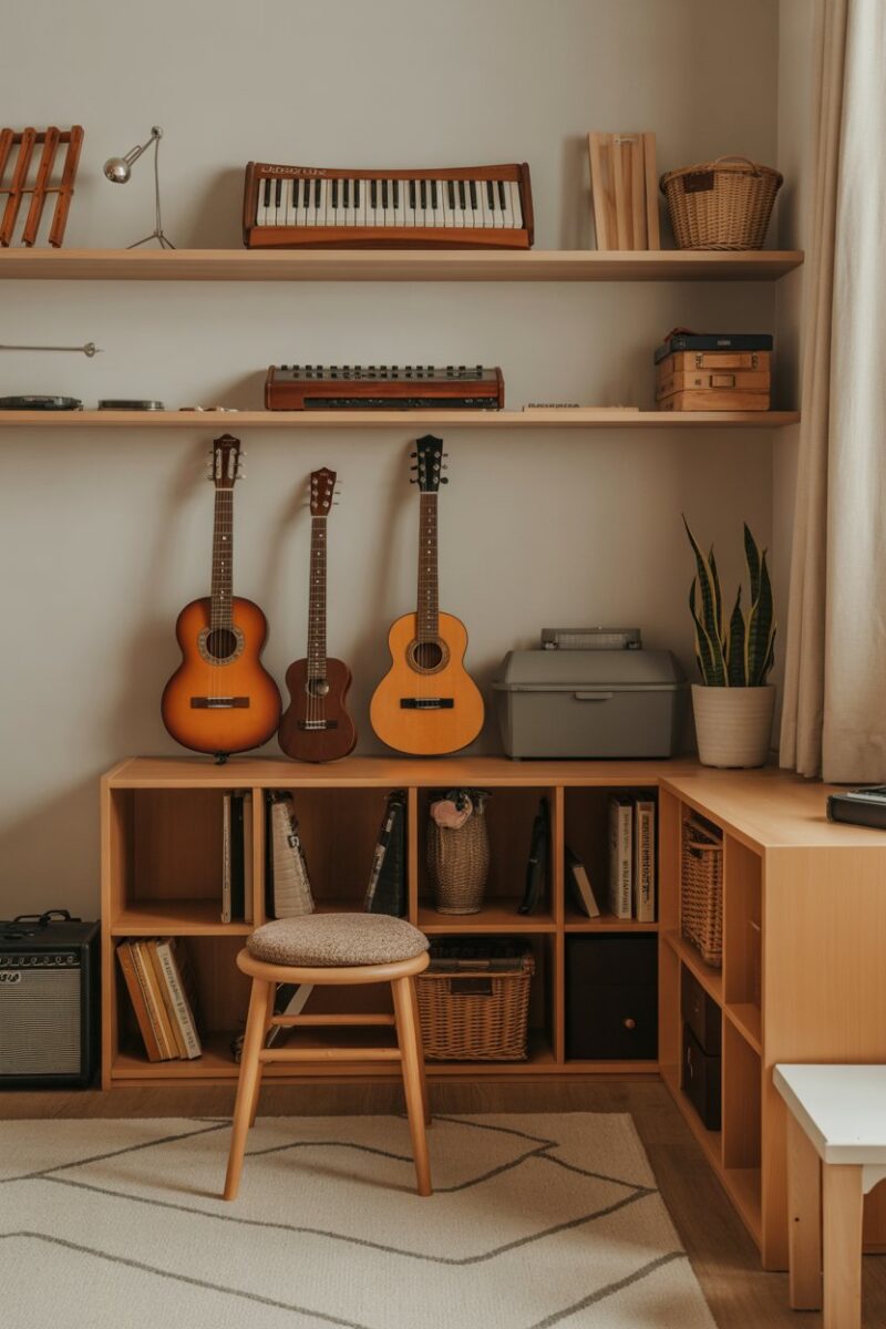 A cozy music corner with various instruments, including xylophones, guitars, and a keyboard, all organized on shelves.