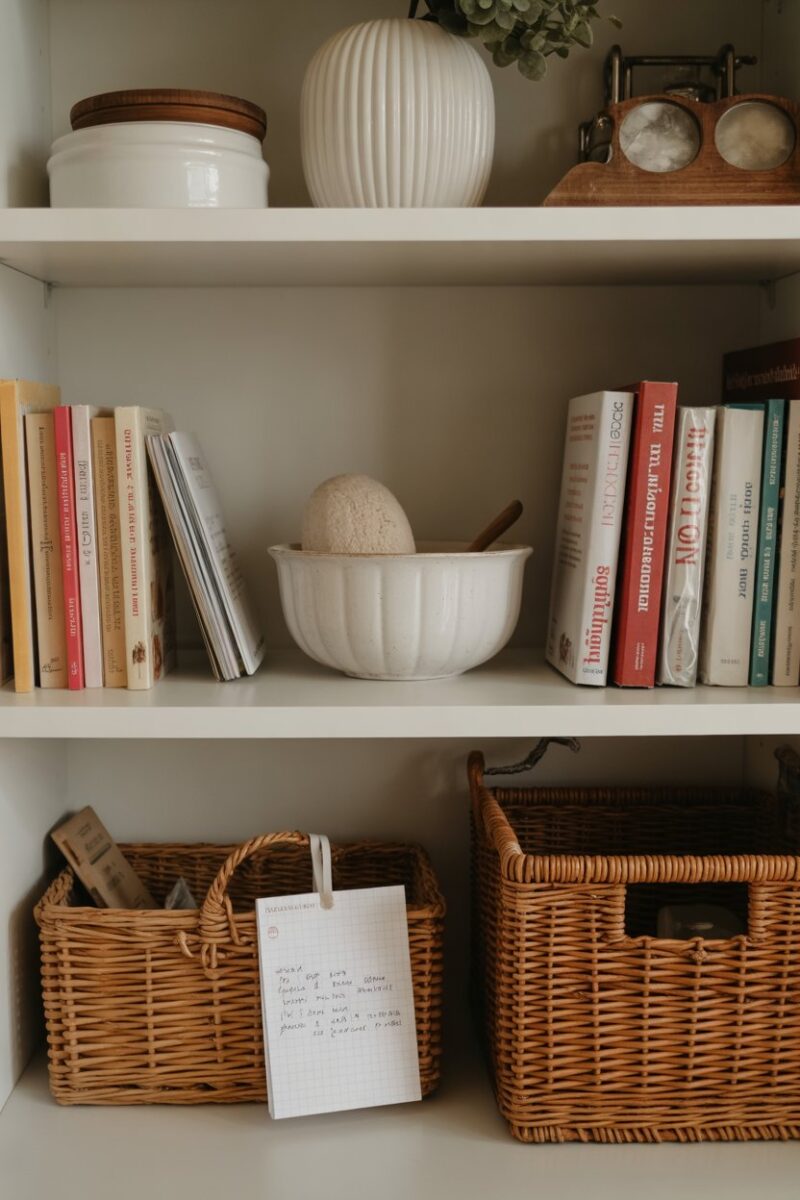 A cozy pantry shelf filled with cookbooks and a handwritten recipe note.