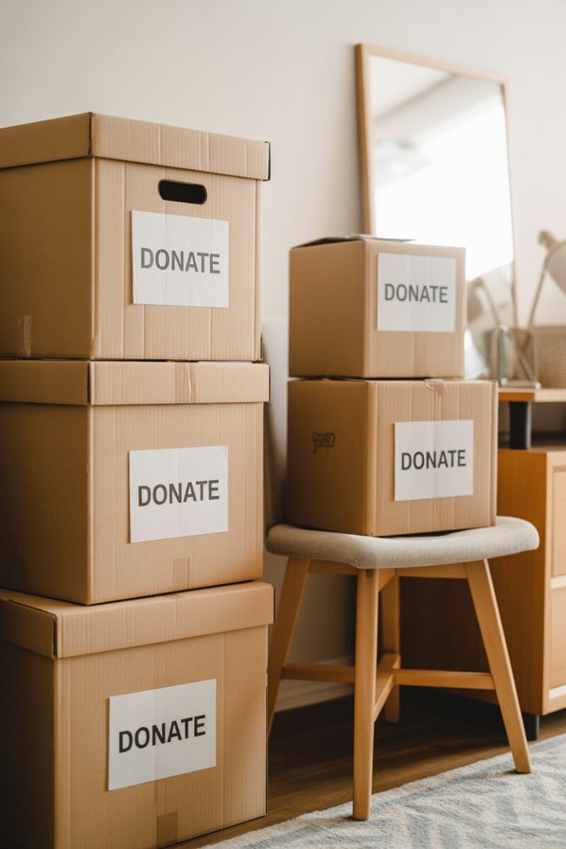 A cozy room with boxes labeled 'donate' and a chair, indicating a decluttering process.