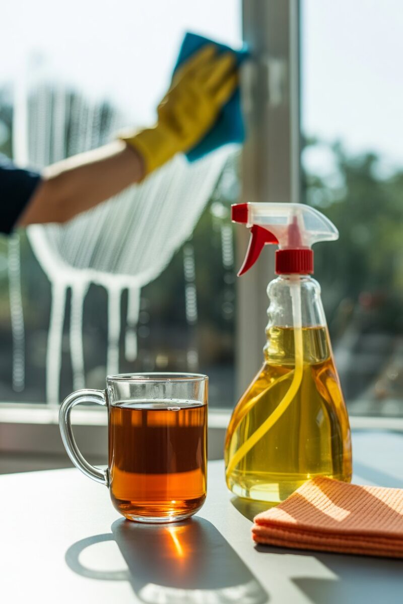 A cup of brewed tea next to a spray bottle and a cleaning cloth, with a window being cleaned in the background.