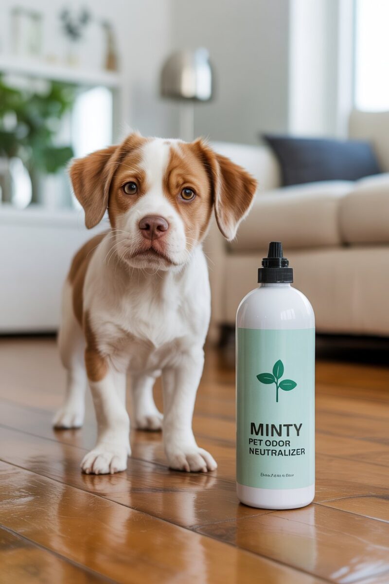 A cute dog standing next to a bottle of minty pet odor neutralizer on a wooden floor.