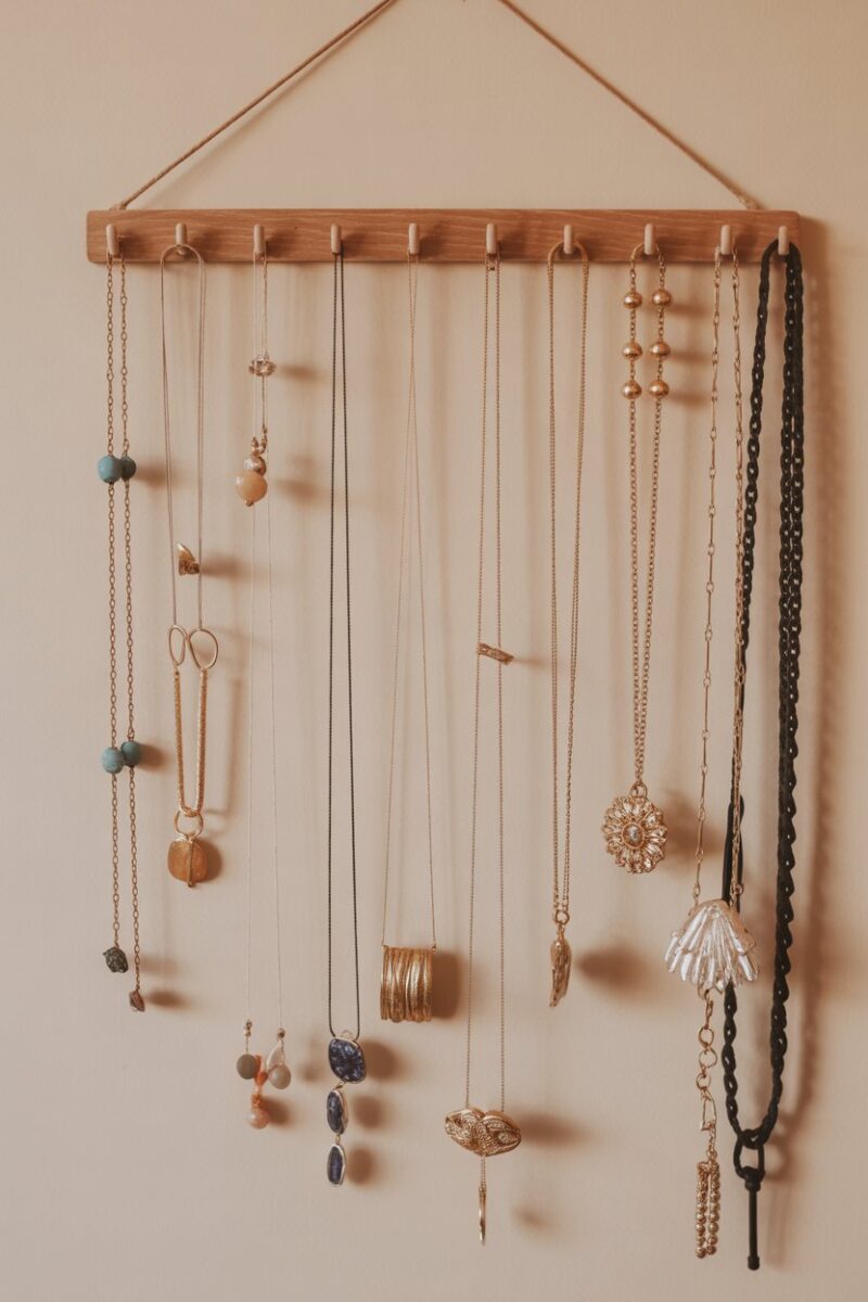 A decorative wall-mounted jewelry board displaying various necklaces and accessories.