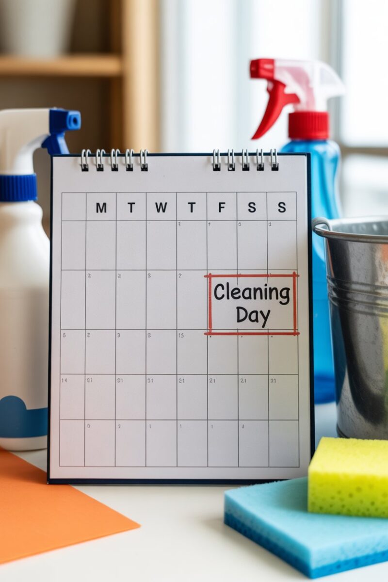 A calendar marked with 'Cleaning Day' surrounded by cleaning supplies.