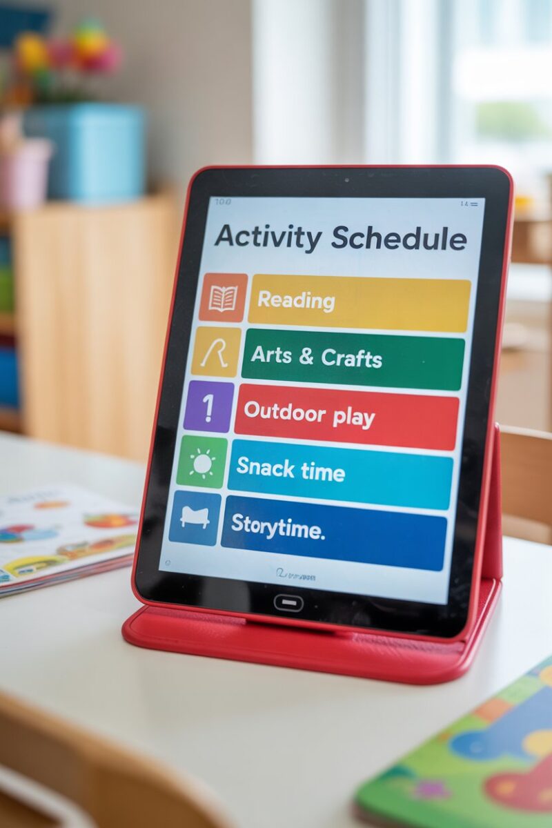 A digital tablet displaying a colorful kids' activity schedule.