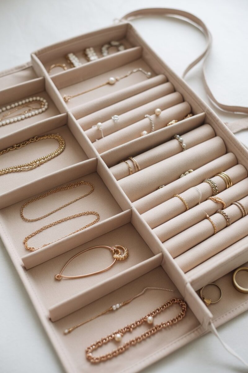 A DIY jewelry roll with various accessories neatly stored inside.
