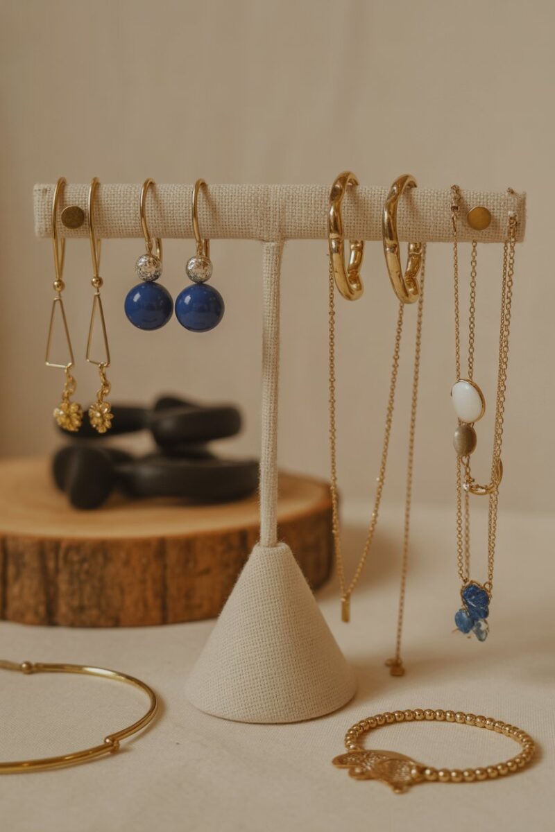 A fabric jewelry holder displaying various earrings, necklaces, and bracelets.