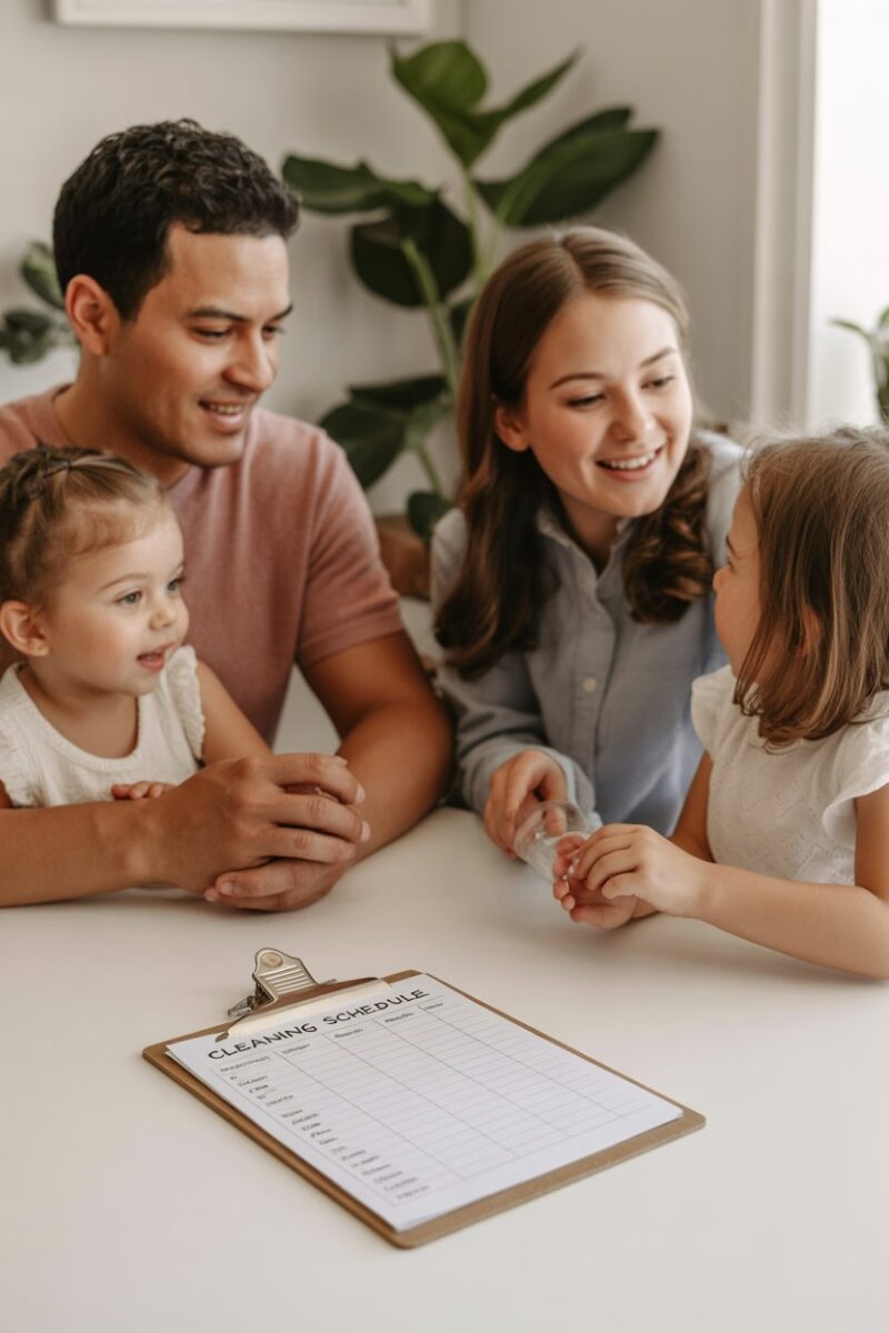 A family sitting around a table, discussing and planning a cleaning schedule together.