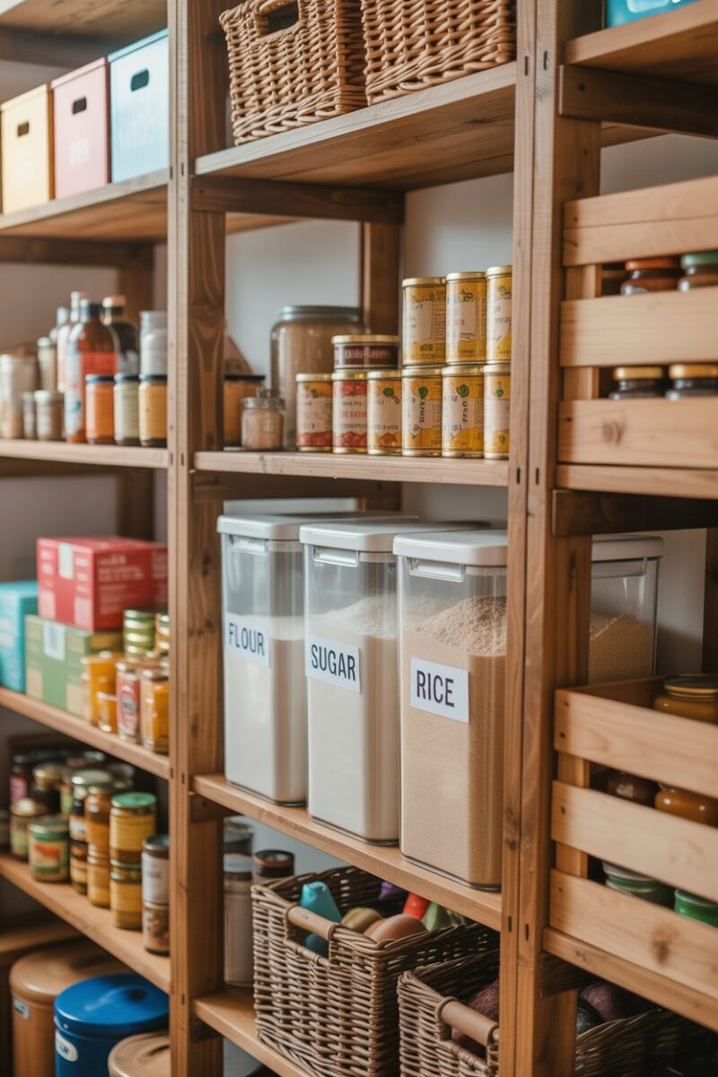 Organized pantry with labeled containers for flour, sugar, and other bulk items.