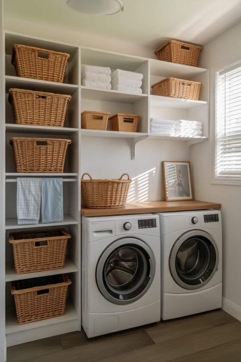 A functional laundry room with organized shelves, baskets, and a folding station.