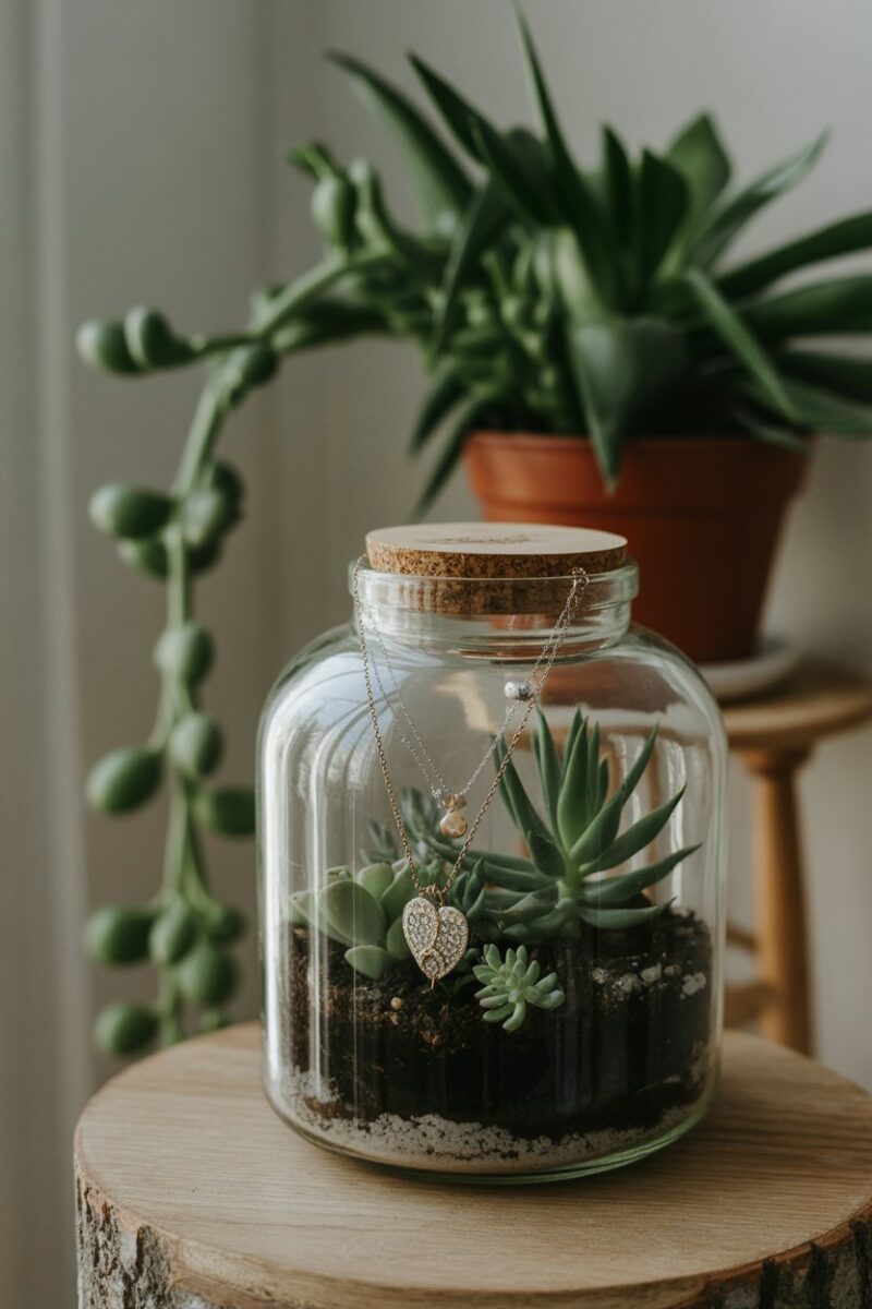 A glass jar terrarium filled with jewelry and small plants.