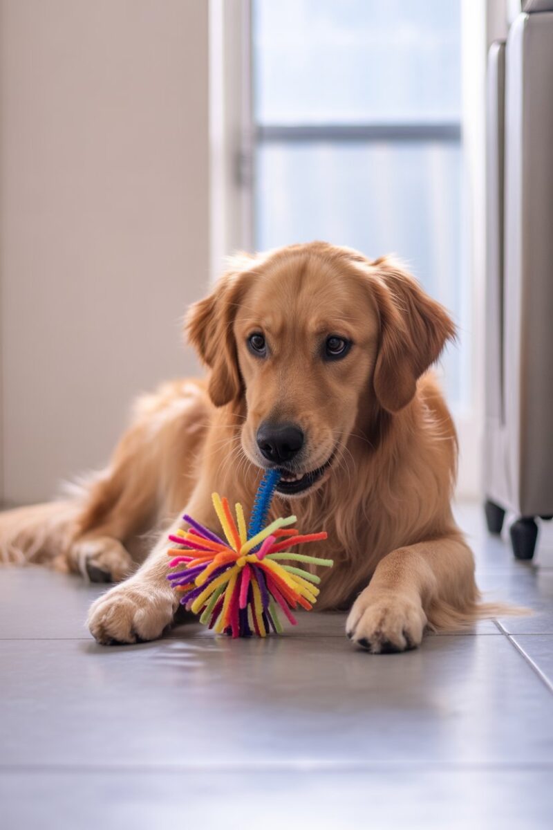 A golden retriever playing with a colorful pipe cleaner toy.