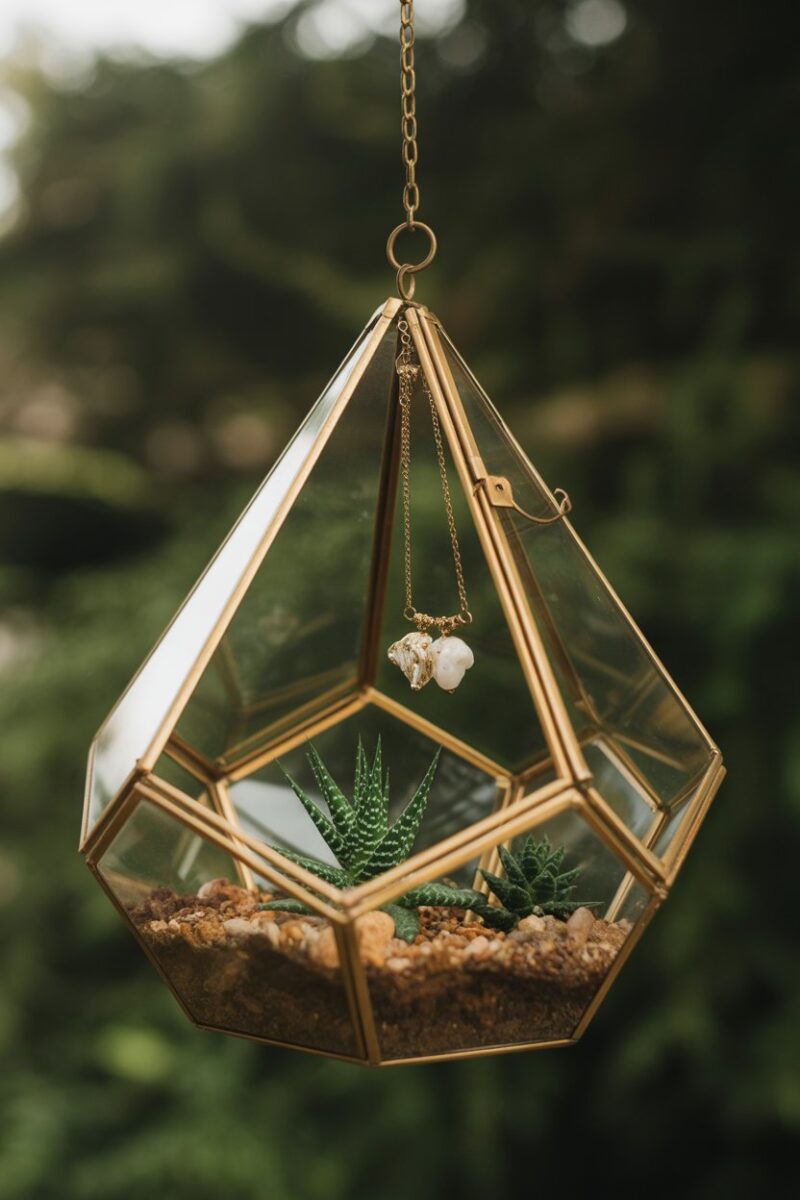 A hanging glass terrarium with jewelry and plants inside.
