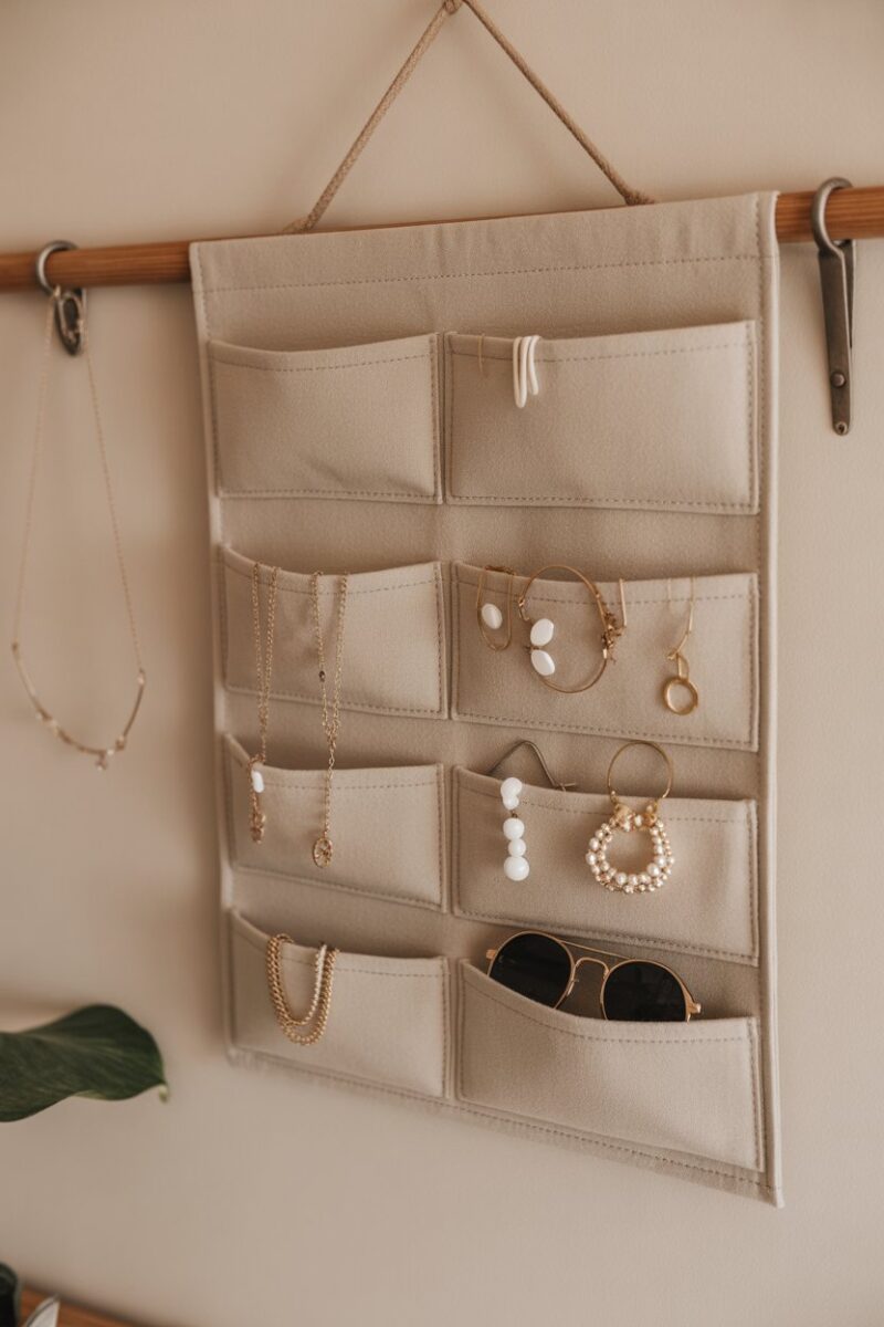 A hanging jewelry organizer with fabric pockets displaying various accessories.