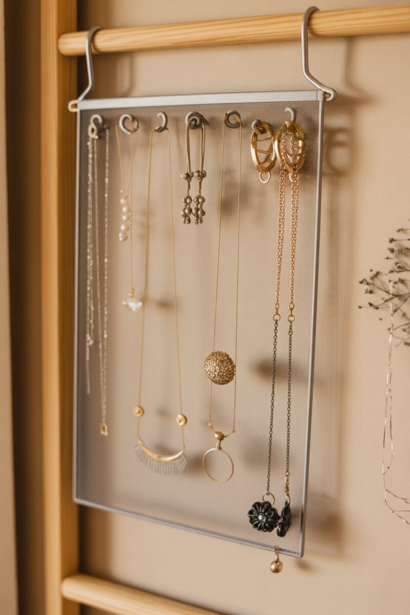 A hanging mesh organizer displaying various jewelry pieces like necklaces and earrings.