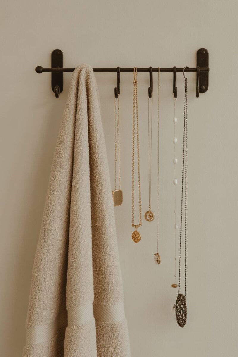 A hanging towel rack organizer displaying various jewelry pieces and a towel.