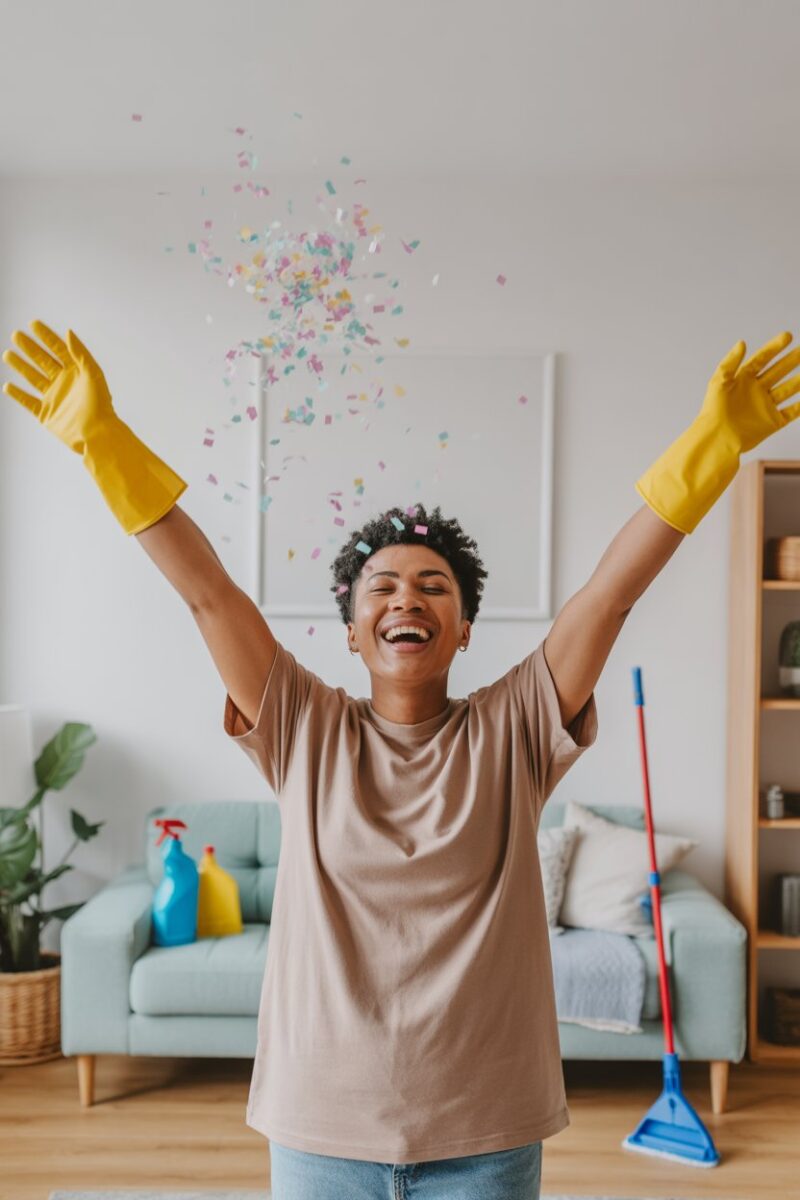 A person joyfully celebrating with confetti after cleaning.