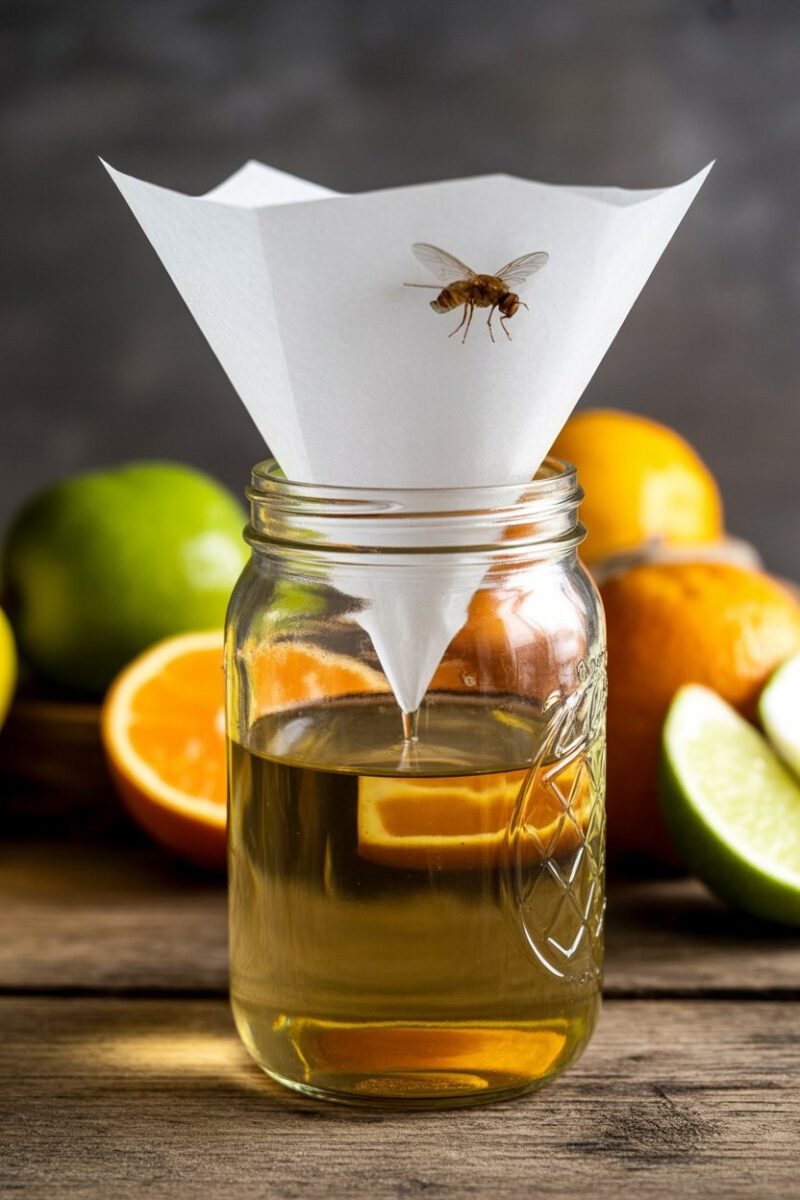 A homemade fruit fly trap using vinegar and a paper funnel in a jar.