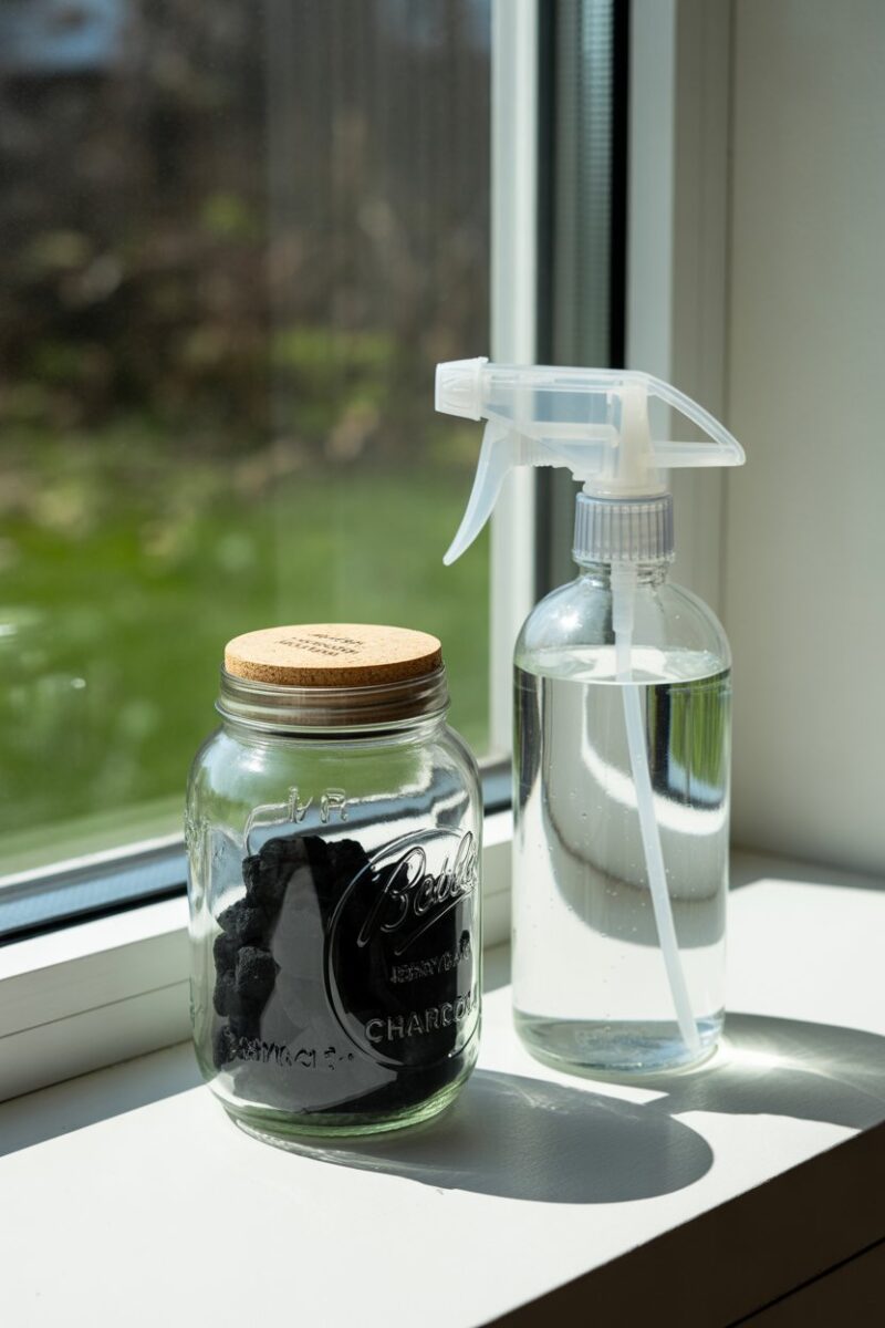 A jar of activated charcoal and a spray bottle of water on a windowsill.