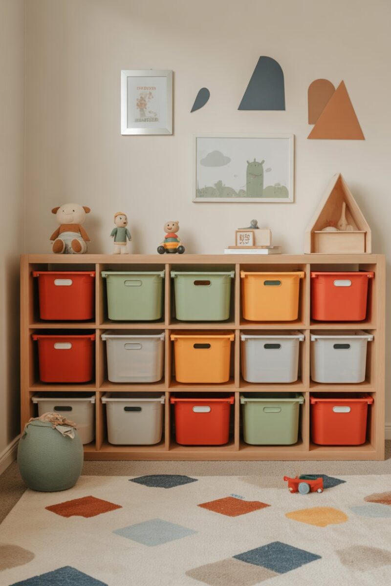 A kid-friendly storage room with colorful bins and scattered toys.