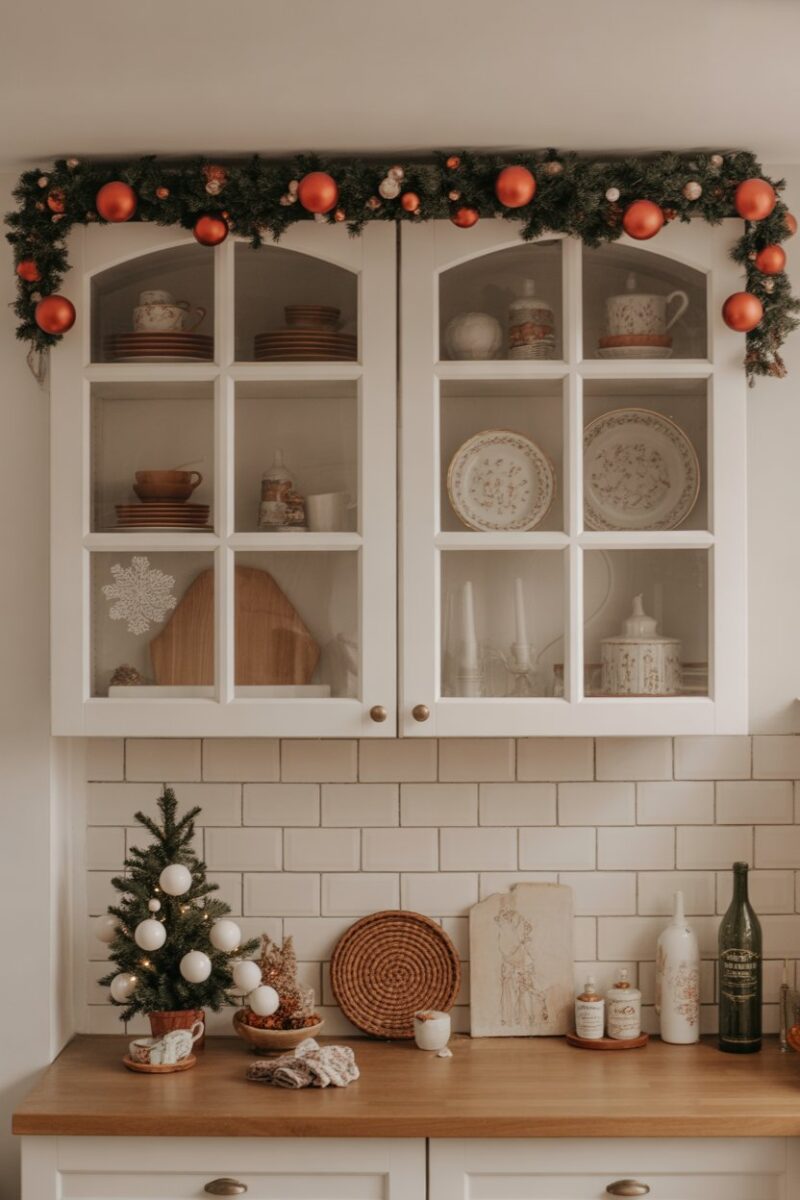 A kitchen cabinet decorated for the holidays with seasonal items and dishes.