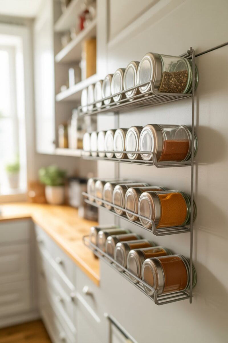 A pantry with a magnetic spice rack attached to the wall, showcasing organized spice jars.