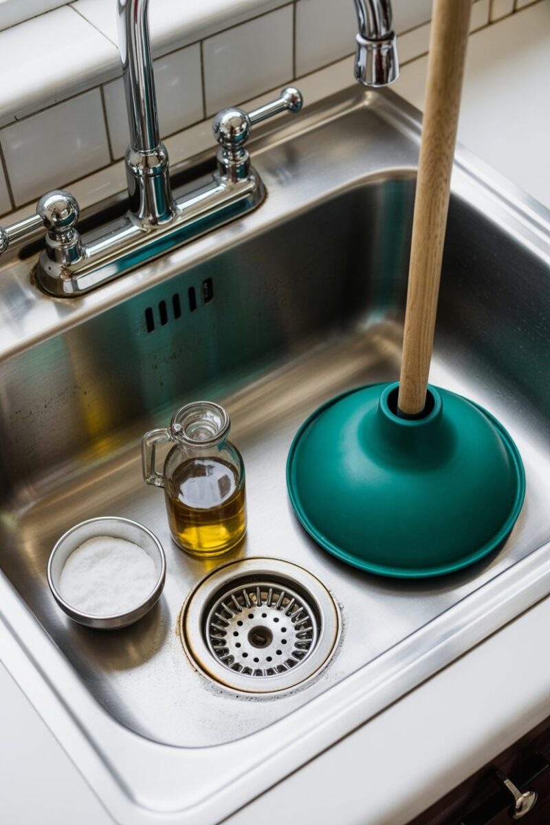A kitchen sink with baking soda, vinegar, and a plunger ready for unclogging drains.