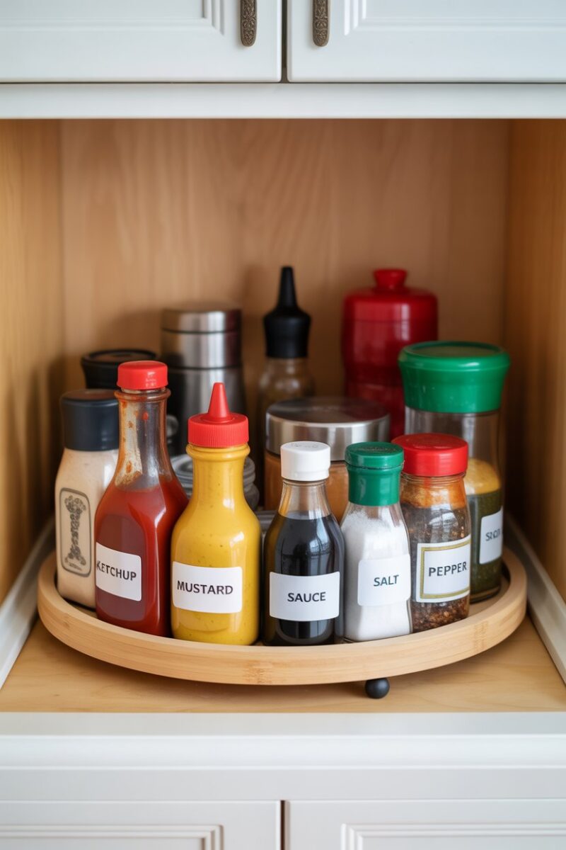A Lazy Susan filled with various condiments and spices in a kitchen cabinet.