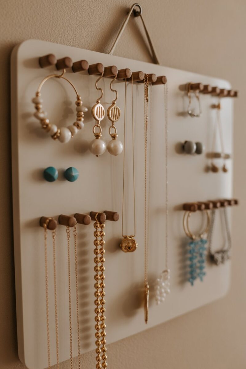 A magnetic jewelry board displaying various earrings and necklaces.