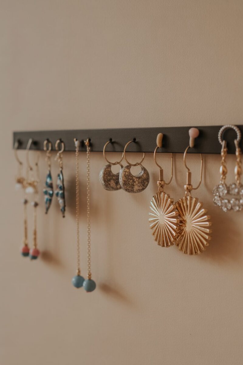 A magnetic strip displaying various earrings on a wall.