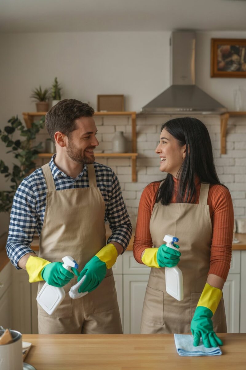 A man and a woman happily cleaning together with gloves on.