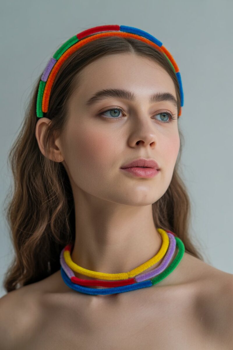 A model wearing a colorful pipe cleaner headband and necklace.
