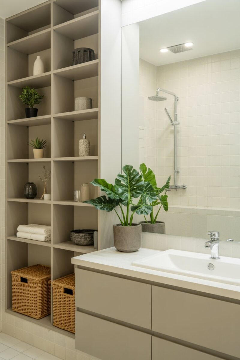 A modern bathroom with open shelves, plants, and a clean design.