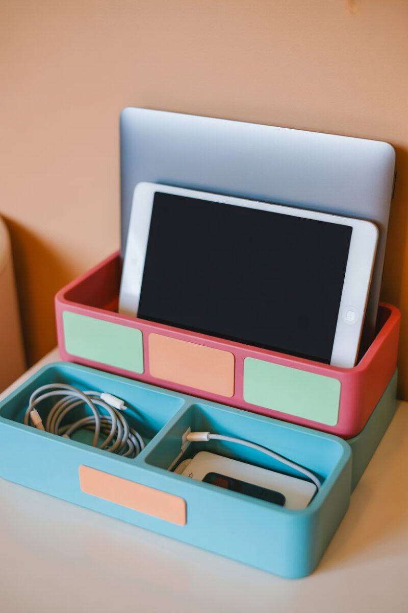 A neat charging station with tablets and a laptop, featuring organized cables.