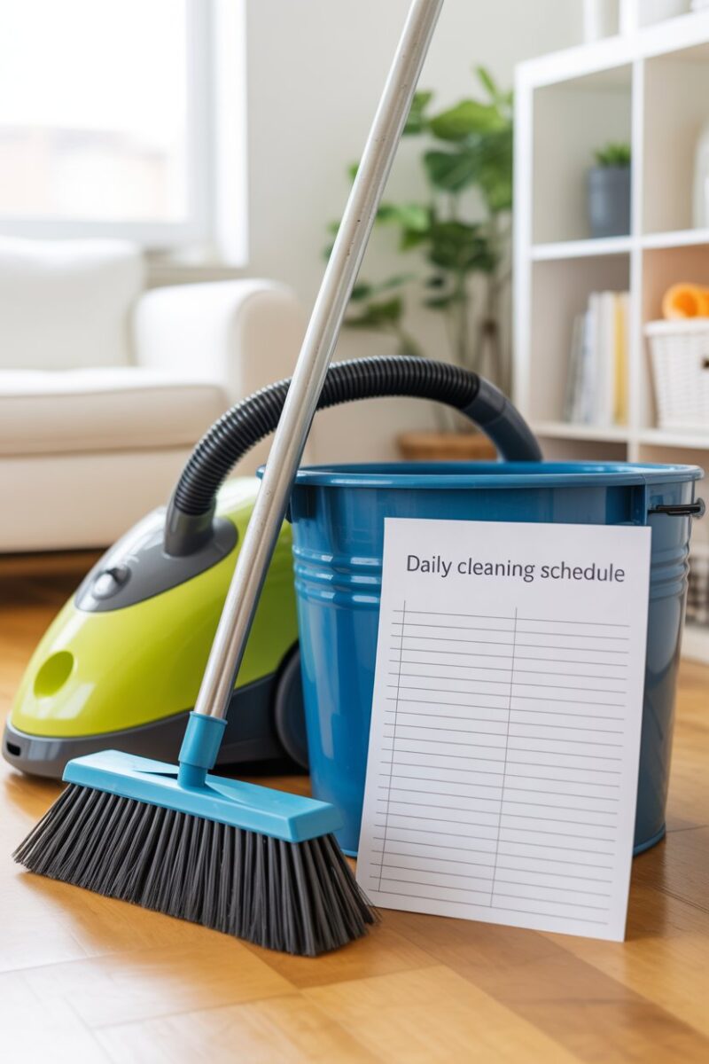 A cleaning setup with a calendar, broom, vacuum, and bucket.