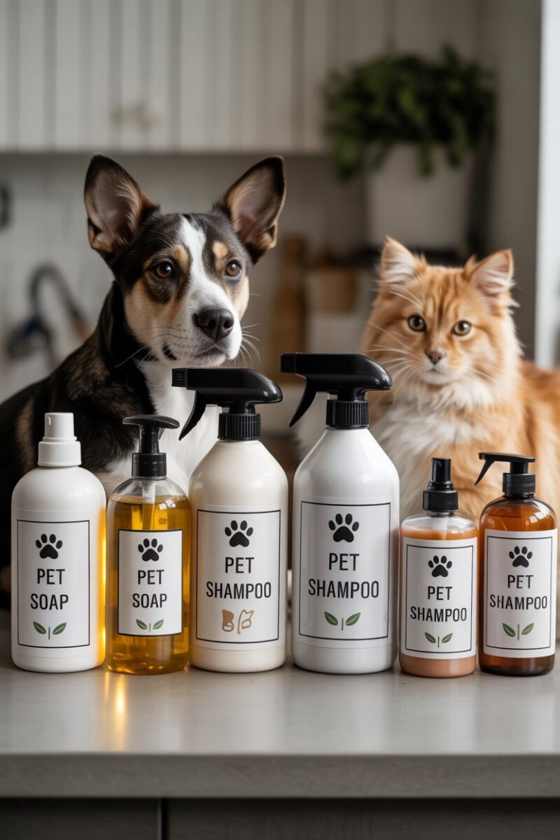 A selection of pet-friendly cleaning products displayed with dogs and a cat.