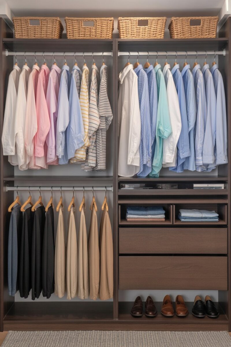 A neatly organized closet with color-coded shirts and pants.