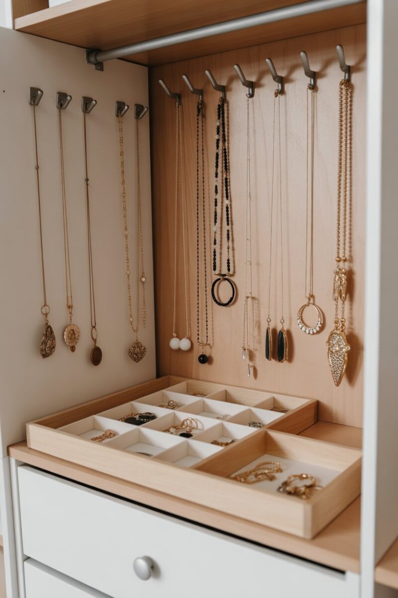 A neatly organized jewelry station in a small closet with various necklaces and earrings displayed.